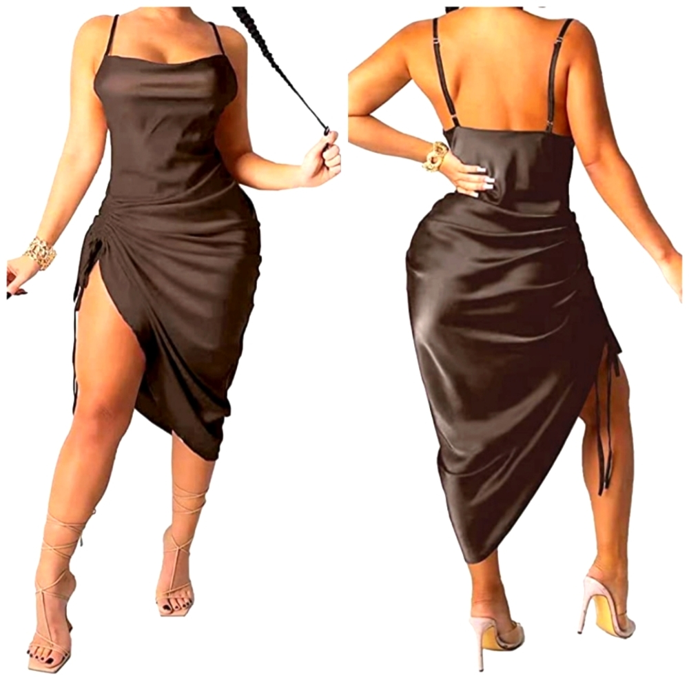 Satin ruched brown dress new size S strech material.